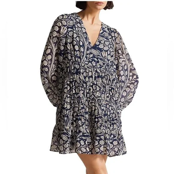 Ted Baker Tarrissa Tiered Swing Mini Blue and Tan Long Sleeves Dress Size 2 - Picture 1 of 6